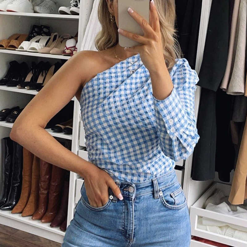 Women Stylish One Shoulder Blue Plaid Shirts Summer Fashion Ladies Vintage Slim Button Tops Y2K Girls Chic Shirt Cute 210527