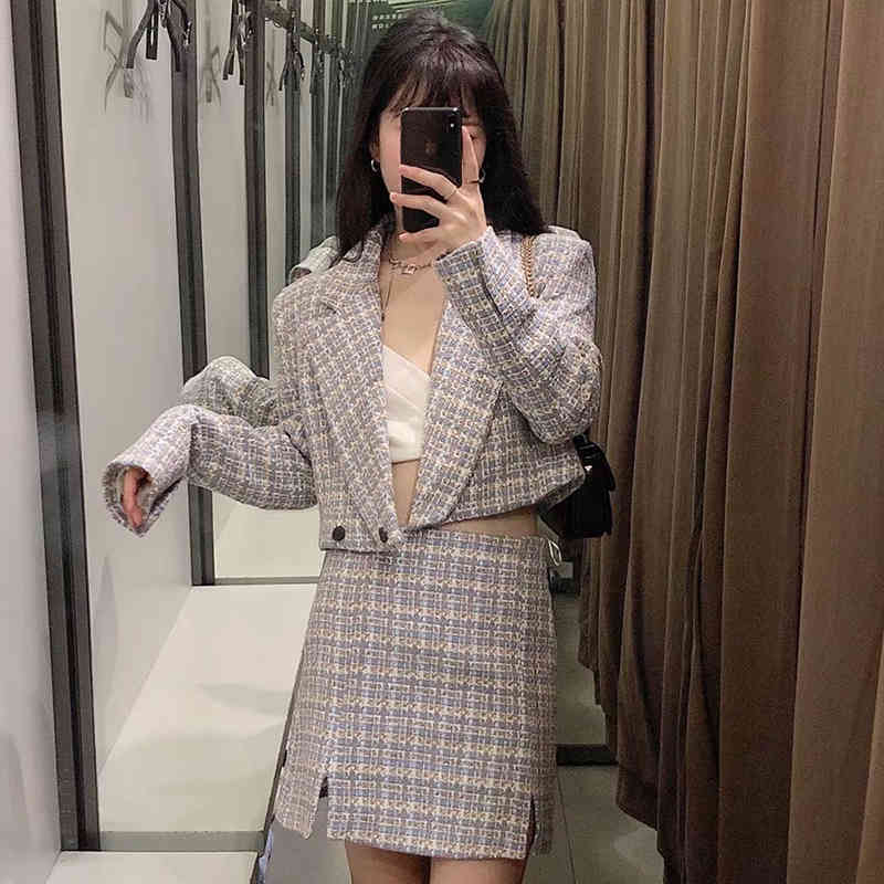 Women Fashion Hidden Button Tweed Cropped Blazer Coat Vintage Long Sleeve Female Outerwear Chic Veste Femme 210521