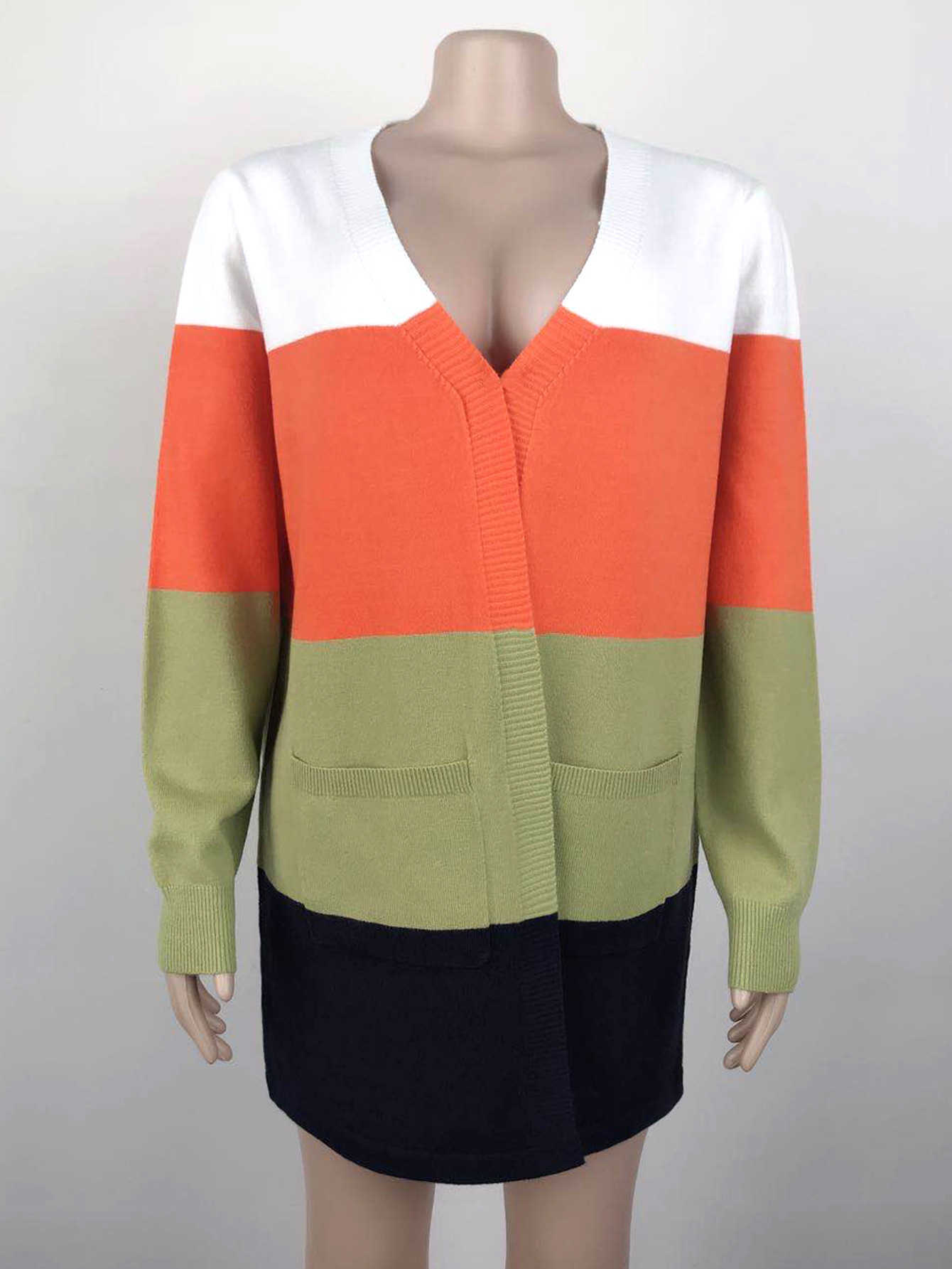 Winter Sweater Women Patchwork Colors Long Cardigan Sleeve Pockets V-Neck Female Casual Slim Fit Tops 210604