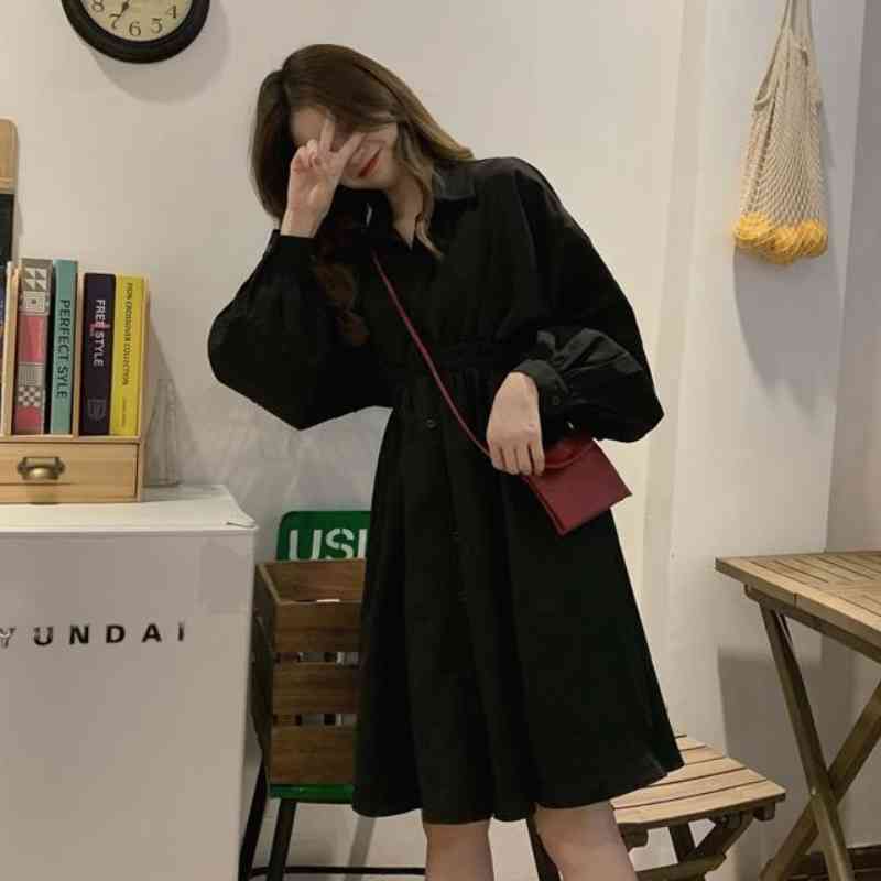 Dress Long Sleeve Preppy Style Solid Sweet Simple Elegant Pleated Stylish Womens Slim Daily Streetwear High Waist 819J 210420