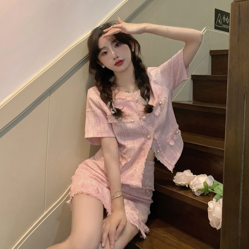 High Quality Korean Elegant Fashion Skirt Suits Tweed 2 Piece Set Women Short Sleeve Jacket Coat Waist Two Outfits 210520