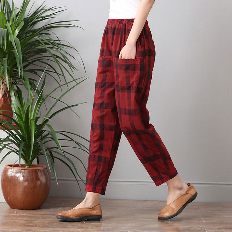 Spring Summer Fashion Women Harem Pants Elastic Waist Loose Casual Plaid Cotton Ankle-length Ladies Trousers D60 210512