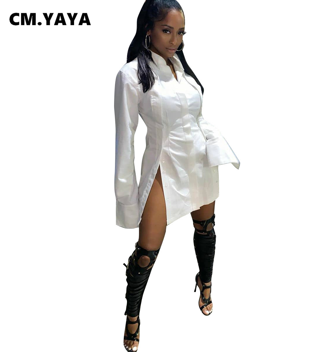 CM.YAYA Women Solid Color Side Slit Long Sleeve Button Up Sexy Blouse Dress Sexy Club Party Streetwear Shirt Dresses 210409