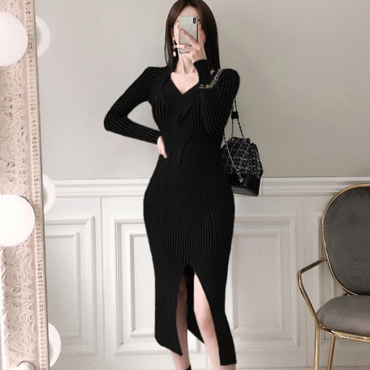 Knitted Sweater Dress Women's Autumn Winter Fashion Retro V-Neck Slim Lady Soft Warm Bodycon Slit Dresses Vestidos 210519