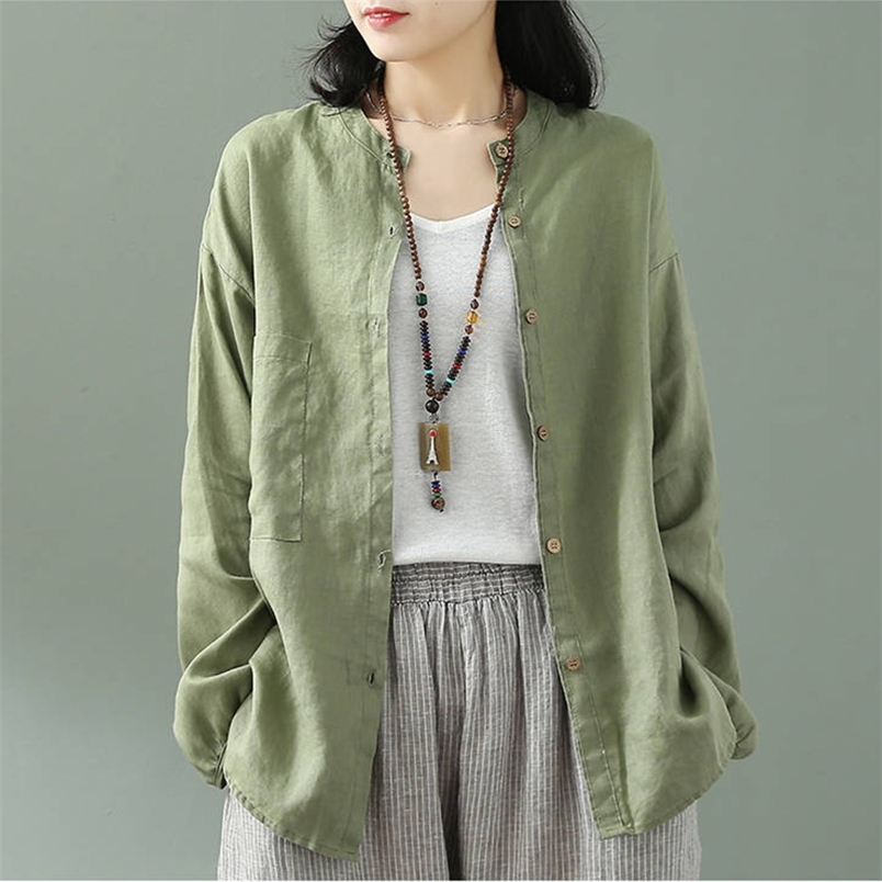 Spring Autumn Arts Style Women Long Sleeve Shirts Solid Cotton Linen Loose Casual O-neck Blouse vintage Ladies Tops D435 210512