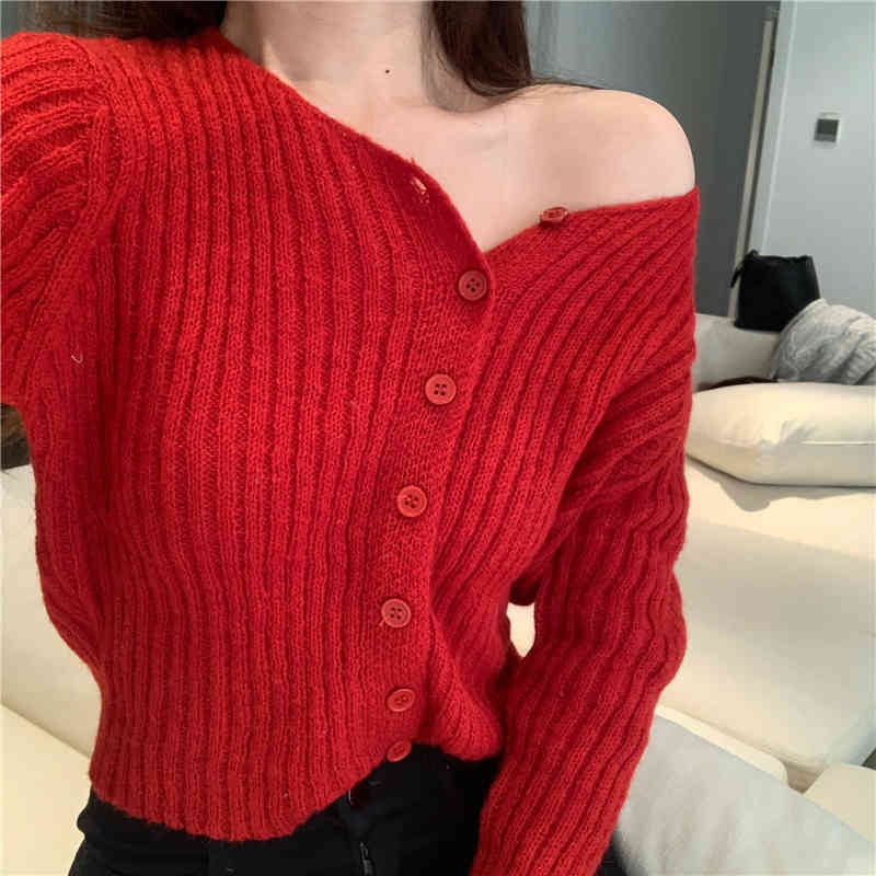 autumn korean style knittd cardigans womens loose Vintage Red slim sweaters cardigan womens tops (R99482) 210423