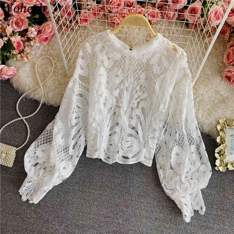 Blusas Mujer De Moda Stand Neck Lantern Sleeve Shirts Tops Hollow Out Chic Loose See Through Blouses Women 210519