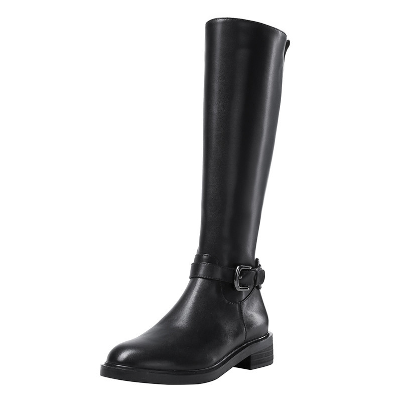 Autumn Riding Boots Women Natural Genuine Leather Zip Square Heel Knee High Buckle Round Toe Shoes Lady Winter 43 210517