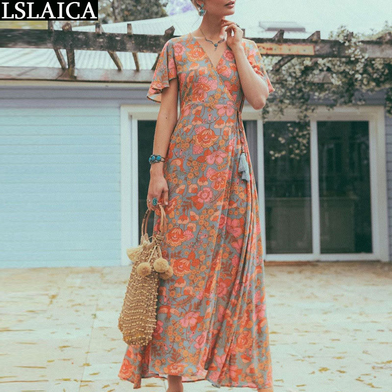 Party Dress Short Sleeve Floral Print Fashion Casual Lacing Up Ladies High Waist Beach Style Holiday Elegant Femme 210515