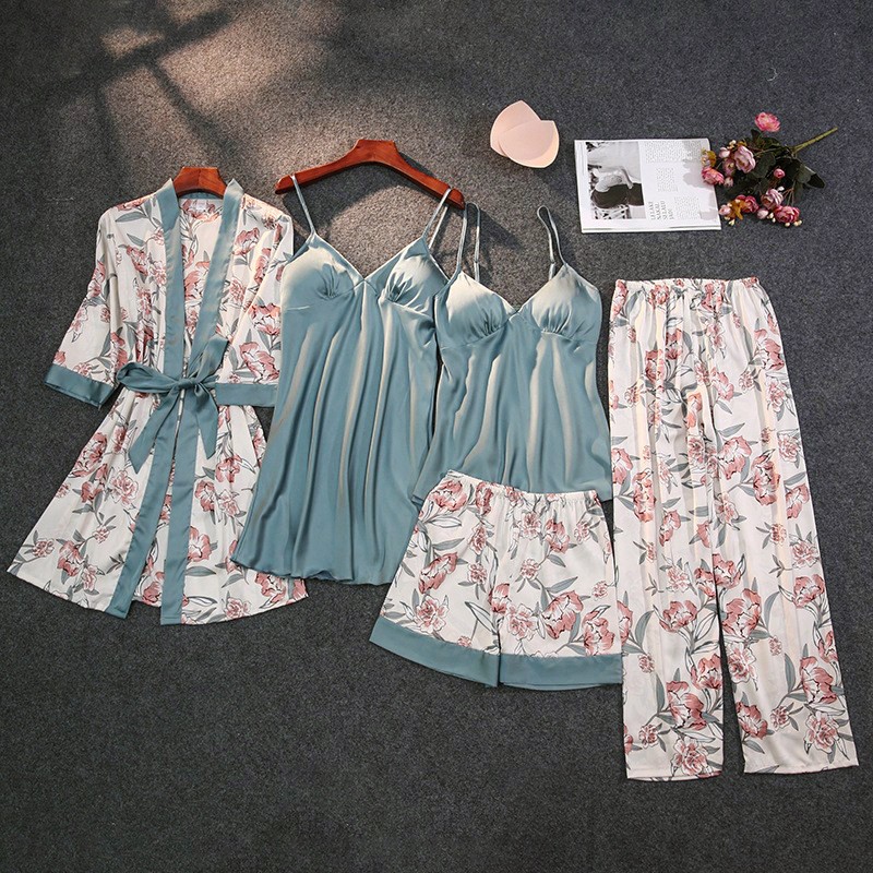 2021print pajamas set silky women 5 piece sleepwear satin lace sleep pyjama lounge with belt chest pads strap home nightwear, Black;red
2021print pajamas set silky women 5 piece sleepwear satin lace sleep pyjama lounge with belt chest pads strap home nightwear, Black;red