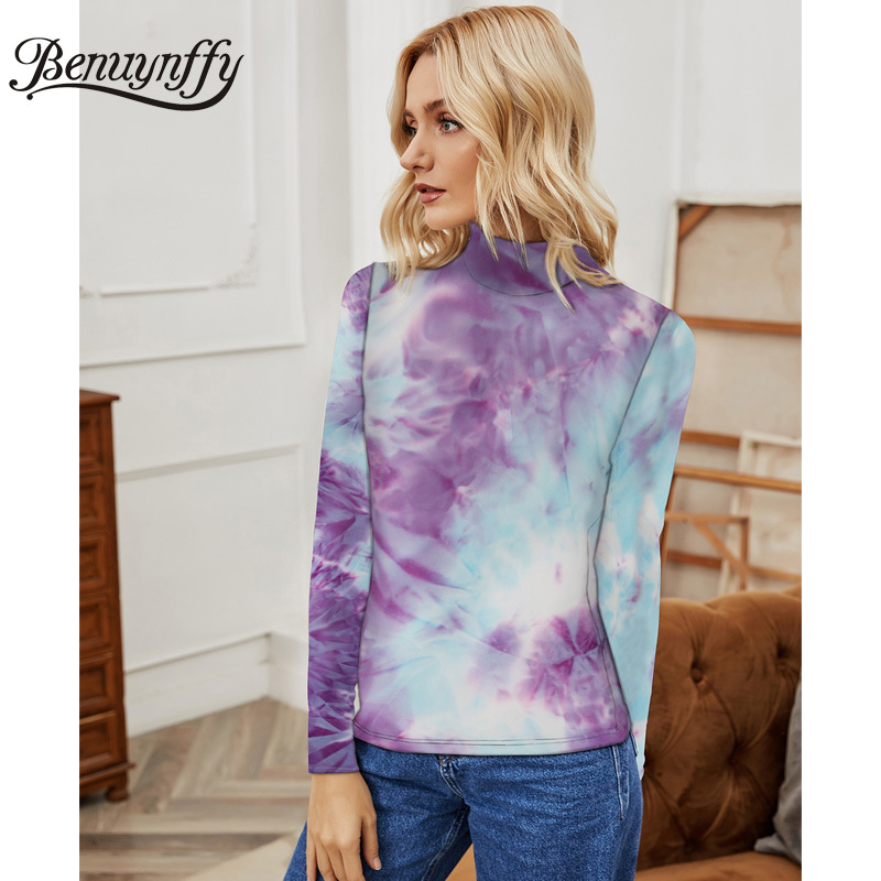 Turtleneck Tie Dye Women Fashion T-Shirt Spring High Neck Long Sleeve Ladies Slim Fit Casual Tshirt Top 210510