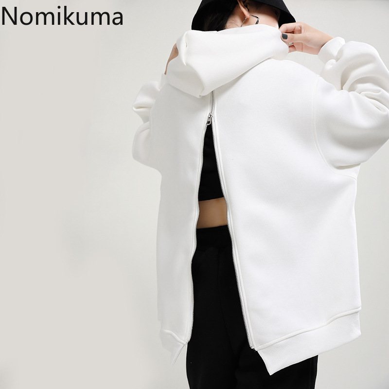 Nomikuma Fleece Hooded Sweatshirt Casual Back Zipper Split Women Jumper Autumn Winter Korean Long Sleeve Hoodies Top 6D537 210427