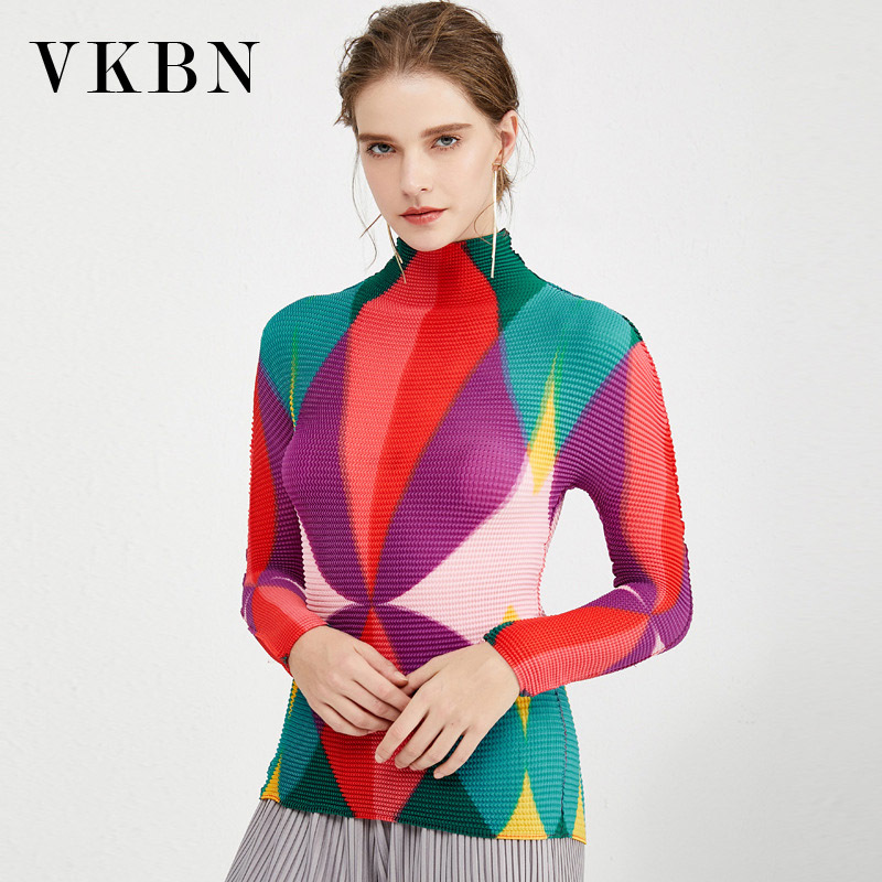 WQJGR Spring and Autumn Womens Tops and Blouses Turtleneck Colorful Graphic Print Folds Womens Shirts 210507