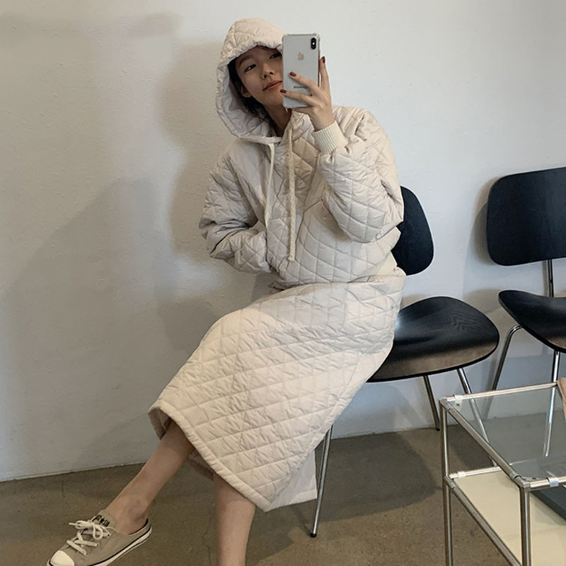 Loose Retro Diamond Cotton Dress A-Line Skirts Winter Chic Hooded Pullover Parkas Skirt Suit Street Sets 210510