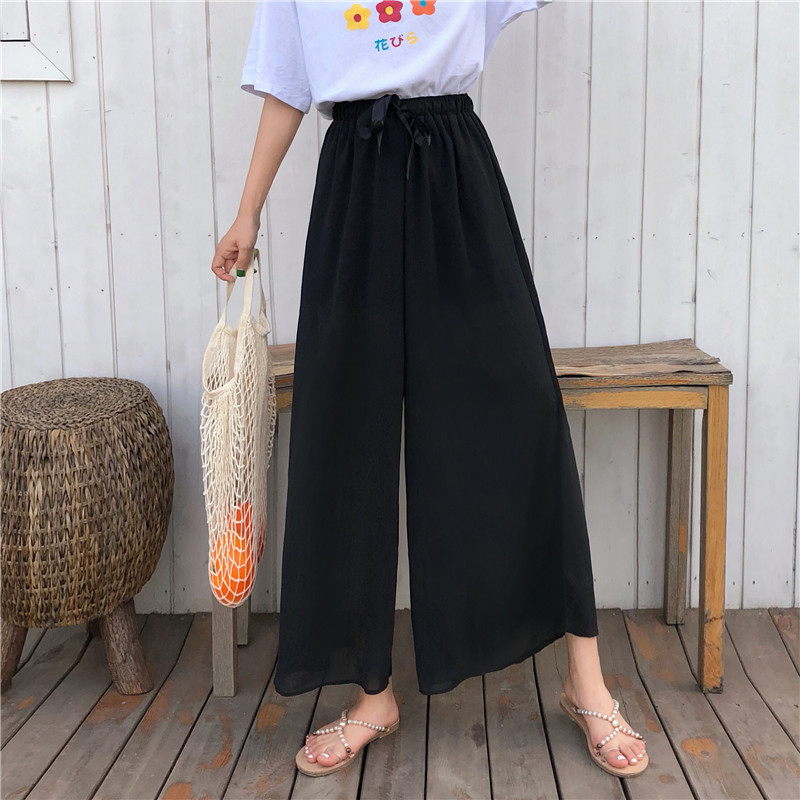 Pants & Capris Summer Loose High Waist Black Chiffon Wide Leg Pant Women Thin Ankle Length Retro Casual Elastic Fashion 210429