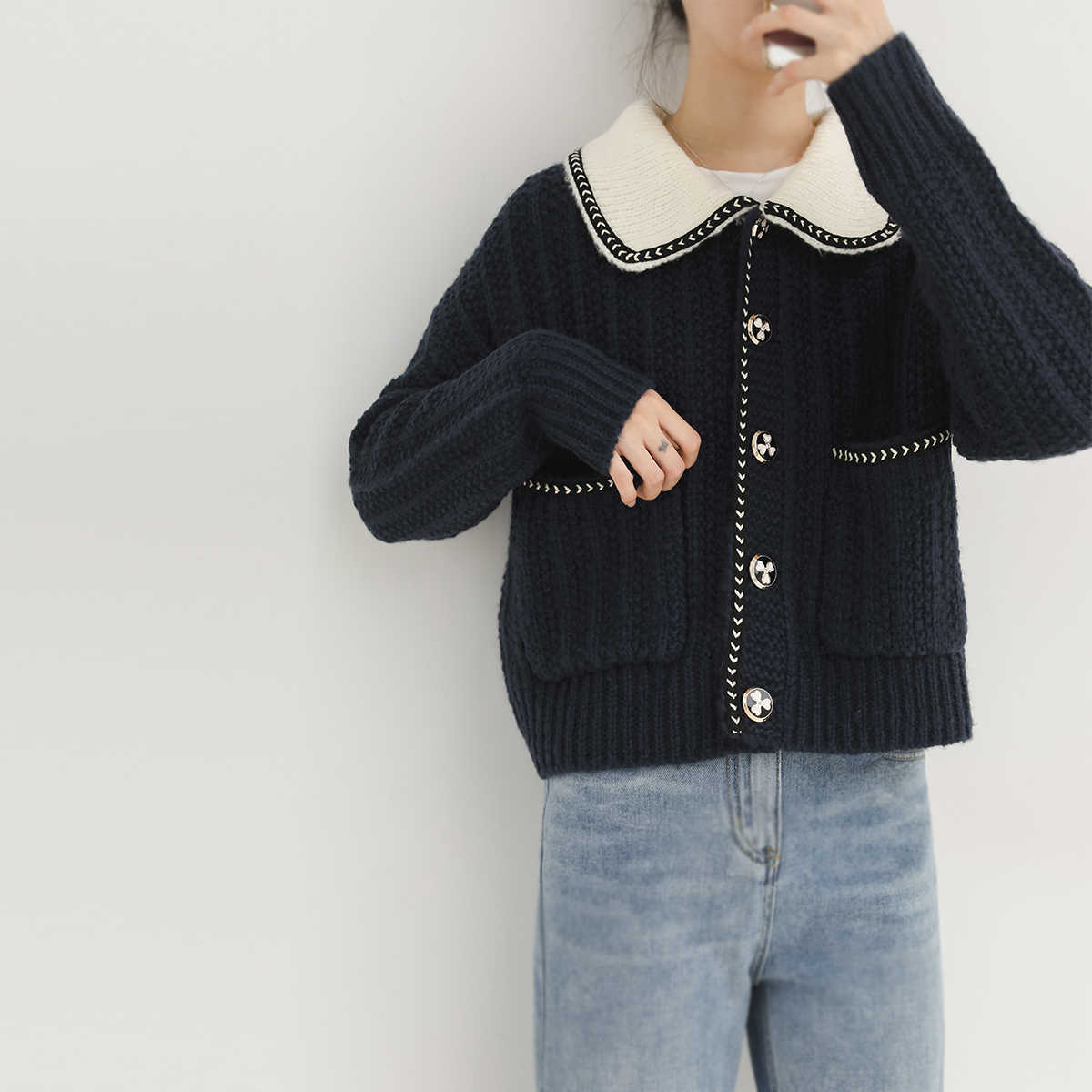 H.SA Women Autumn Sweater and Cardigans Turn Down Collar White Knit Cardigans Button Pearl Elegant Cardigan and Jumpers 210716