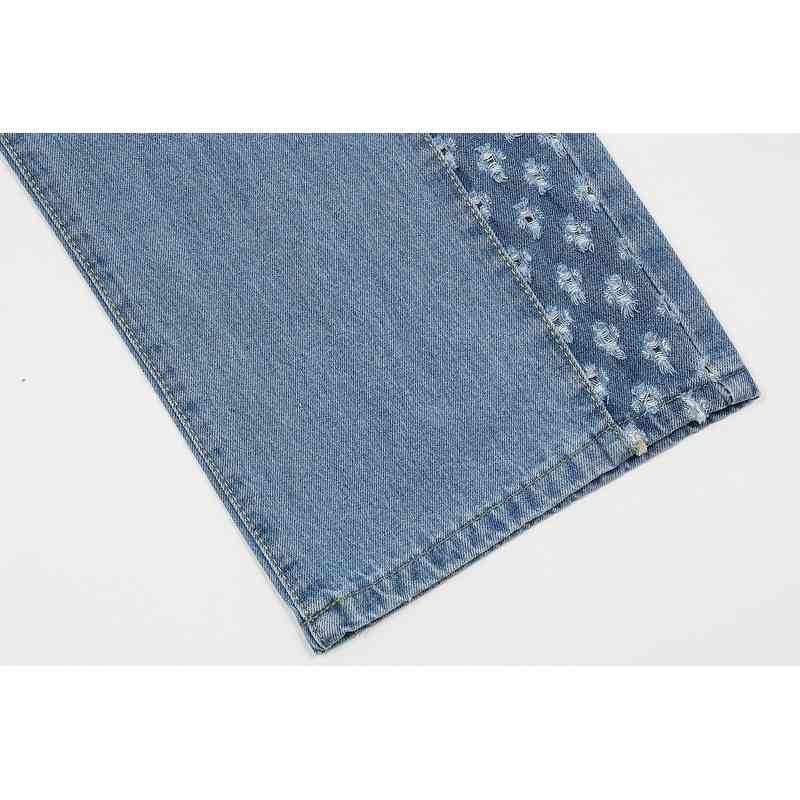 IEFB Washable Patchwork Color Contrast Hole Blue Wide Leg Jeans Men's Spring High Street Straight Denim Pants Casual 210524