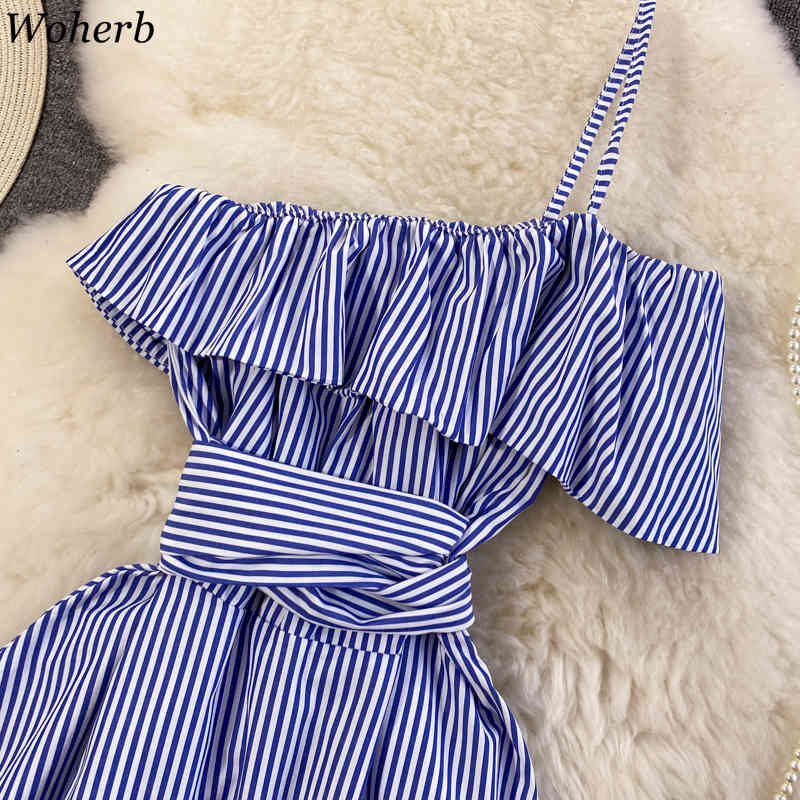 Fashion Women Blouses Summer Blusas Mujer Korean Ruffled Slash Neck Sling Strapless Shirt Slim Sexy Short Striped Tops 210519