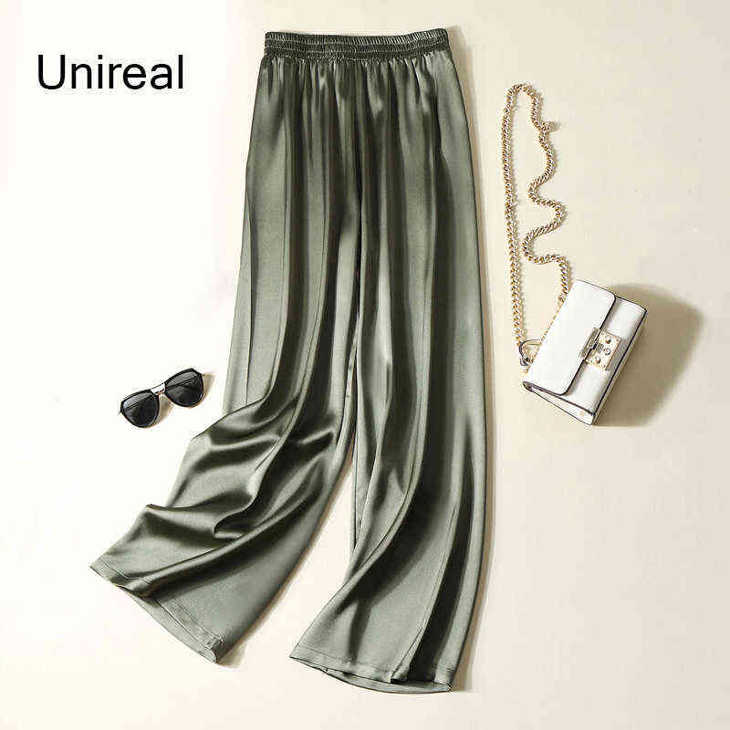 Unireal Summer Women Wide Leg Pants High Waist Casual Trousers Streetwear Black Silk Satin Elegant Long Palazzo 211115