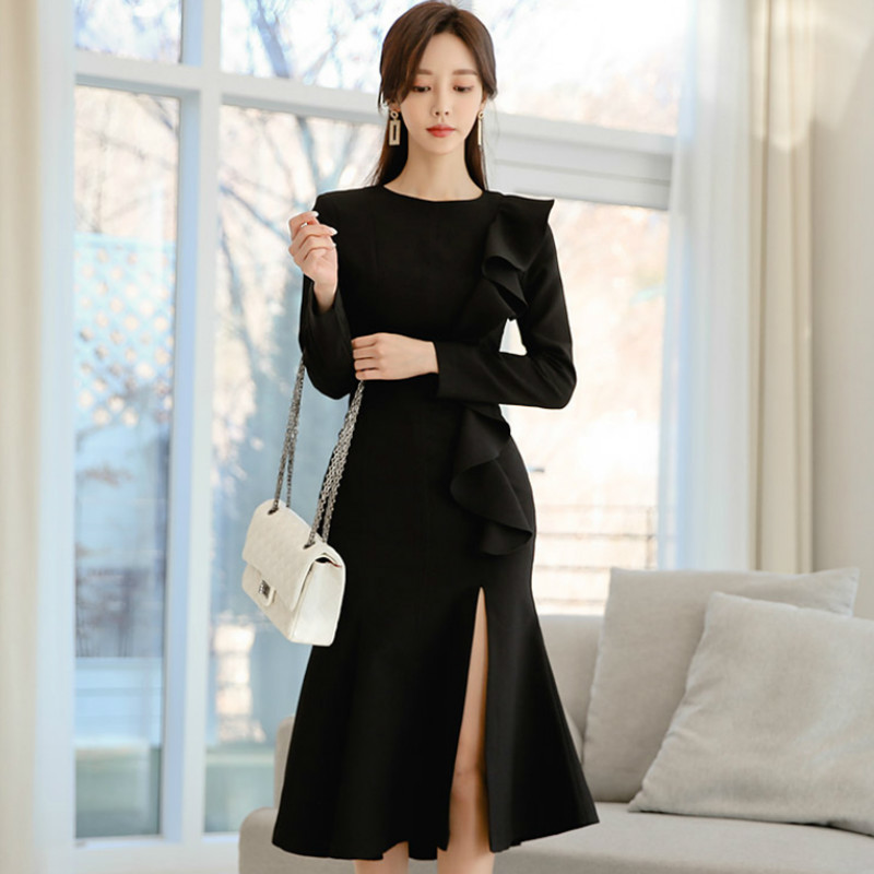 Korea Ruffles Patchwork Full Sleeve Black Vestidos Women's Knee-Length Fishtail Sexy Brief Female Dress, Black;gray
Korea Ruffles Patchwork Full Sleeve Black Vestidos Women's Knee-Length Fishtail Sexy Brief Female Dress, Black;gray