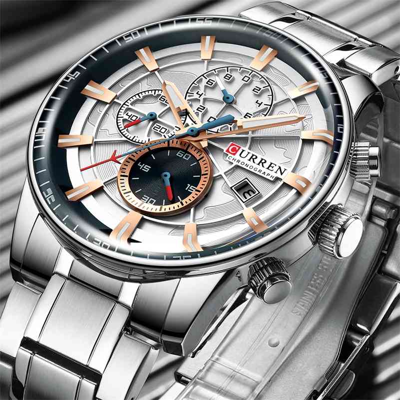 CURREN Men Watches with Stainless Steel Band Top Brand Sport Chronograph Quartz Watch Waterproof Men Clock Relogio Masculino 210517, Silver gold white
CURREN Men Watches with Stainless Steel Band Top Brand Sport Chronograph Quartz Watch Waterproof Men Clock Relogio Masculino 210517, Silver gold white