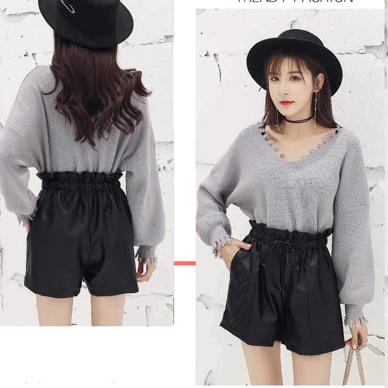Autumn Korean Style PU Leather Shorts Elastic Fashion Loose Wide Leg Solid A-Line Lace Up Women's spodenki 10905 210518