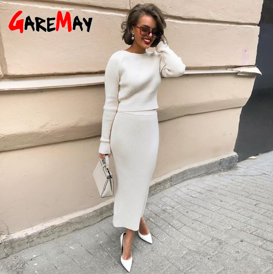 Knitting Pullover And Skirt Two Piece Set Women Slim Fit Cropped Tops Autumn Elegant Sweater Skirts 2 Sets 210428