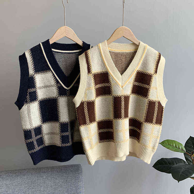 GOPLUS Vest Vintage Plaid Sweater Women Korean V-neck Knitted Sleeveless Short Gilet Femme Pull Sans Manche C10786 211120