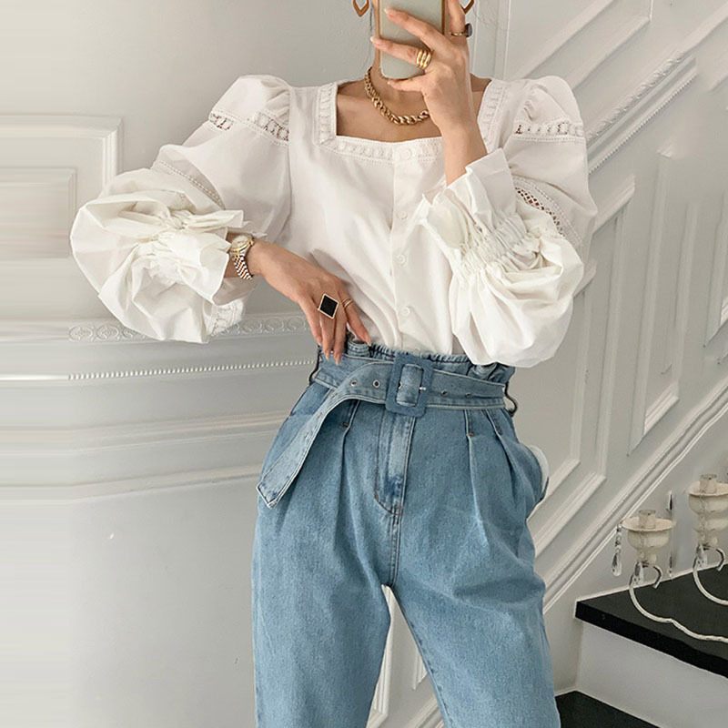 Nomikuma Elegant Square Collar Women Shirt Korean Hollow-out Puff Sleeve Blouse Tops Spring New Causal Blusas Mujer 6D990 210427