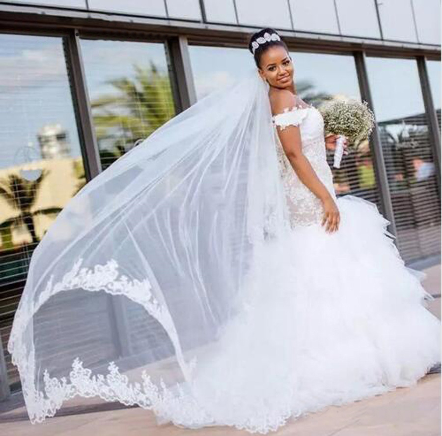 Tassel Train African Mermaid Wedding Dresses Cap Sleeve lace up Back Embroidery Trumpet Lace Wedding Dress Gowns