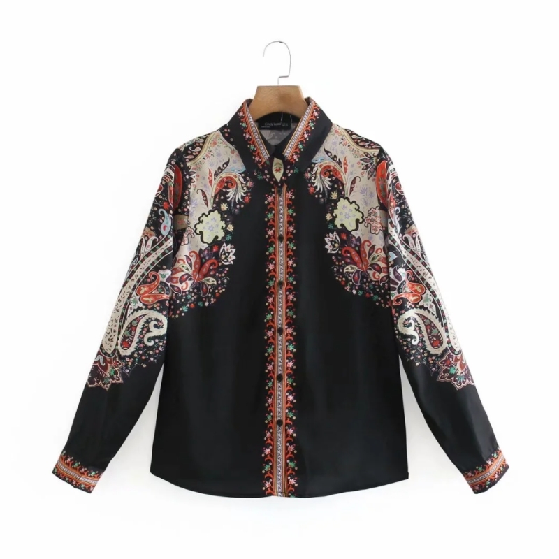 Vintage Women Placement Print Turndown Collar Blouse Female Long Sleeve Shirt Casual Lady Loose Tops Blusas S8877 210430