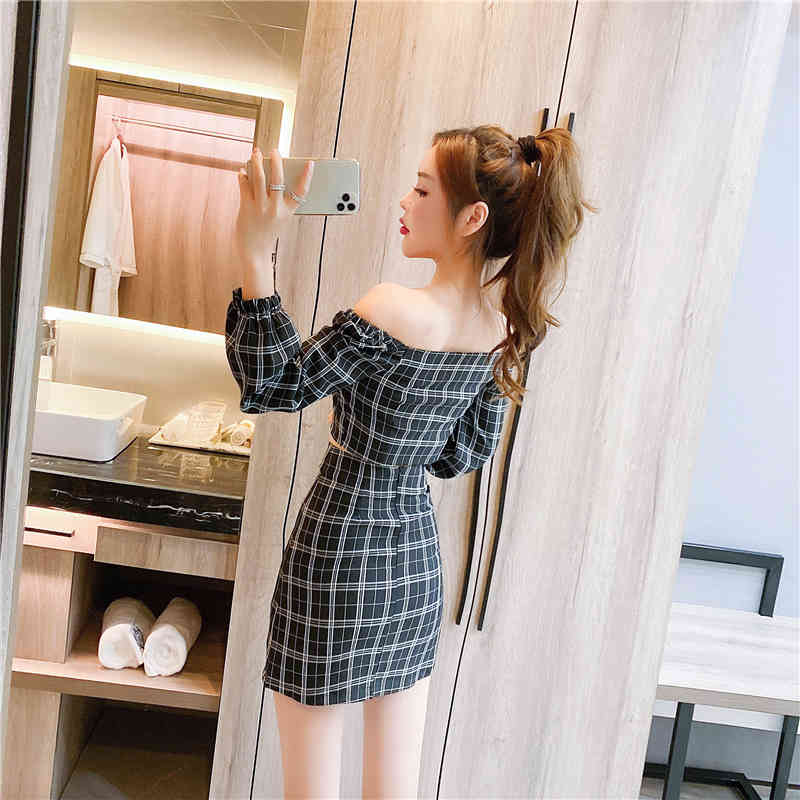 Summer Women Two Piece Set Casual Sexy Plaid Puff Sleeve Short Shirt Top + High Waist Mini Skirt Suit Outfits 210518
