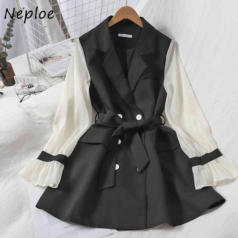 Neploe Women Dress Autumn Fashion Patchwork Chiffon Long Sleeve Sashes Temperament Notched Collar Korean Gentleness Dresses 210422