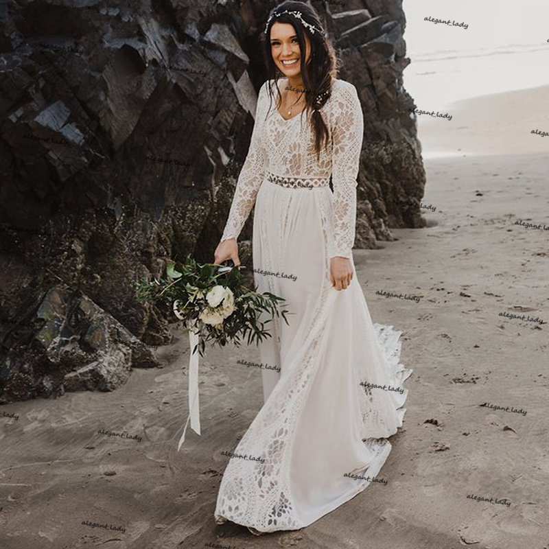 Crochet Cotton Lace Wedding Dresses 2021 Hippie Beach Boho Fairy Chiffon Skirt Long Sleeve Champagne Lining Bridal Gown