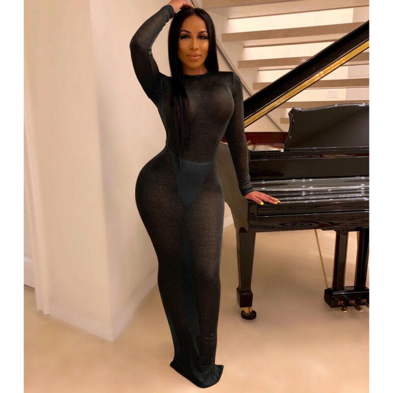 Women Sexy Club Seee-through Maxi Dress Long Sleeve Bodycon Evening Party Casual Dresses