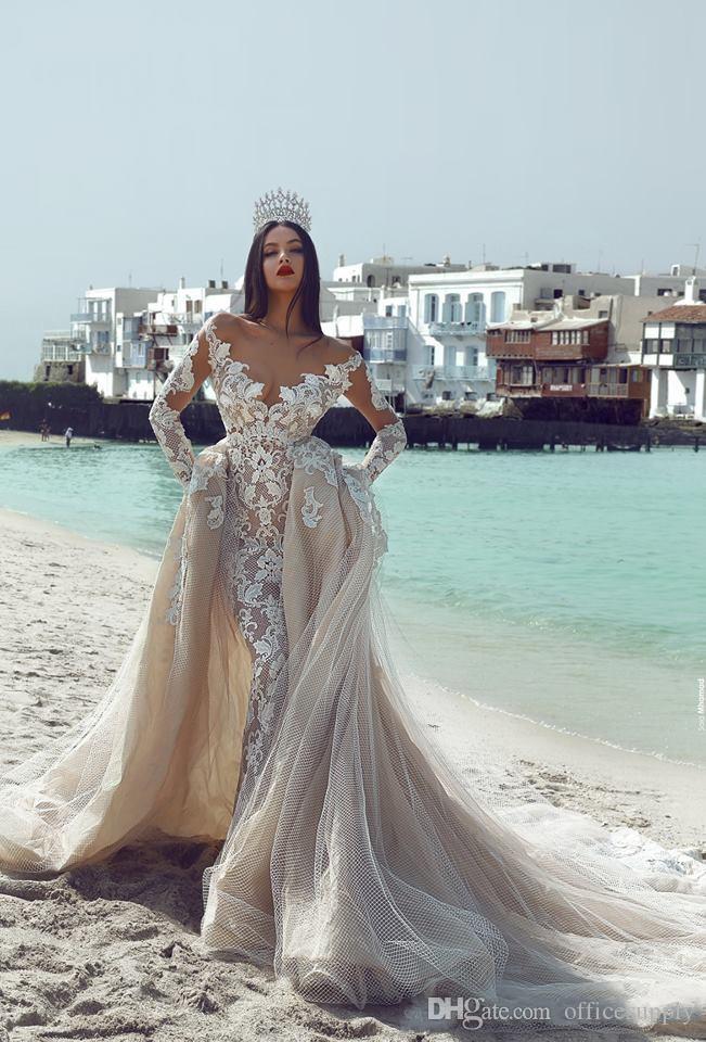 2021 Sexy Mhamad Gowns Mermaid Wedding Dresses V-Neck With Detachable Lace Applique Long Sleeves Beach Bridal