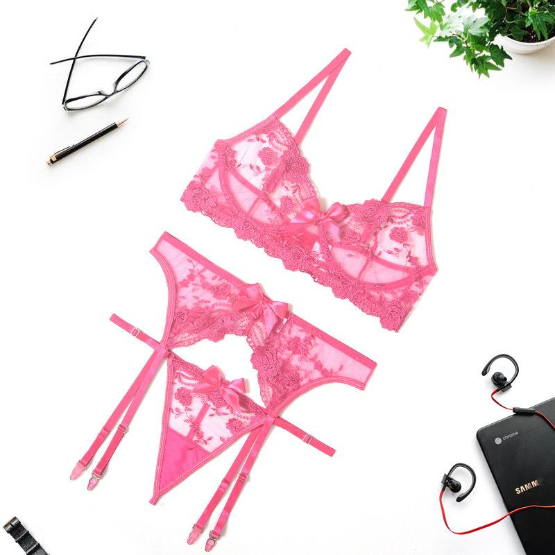 Bras Sets Sexy 3 Piece Set Women Lingerie Embroidery Lace Push Up Bra Bra+Garters+Thong See Through Thin Transparent Underwear 2021