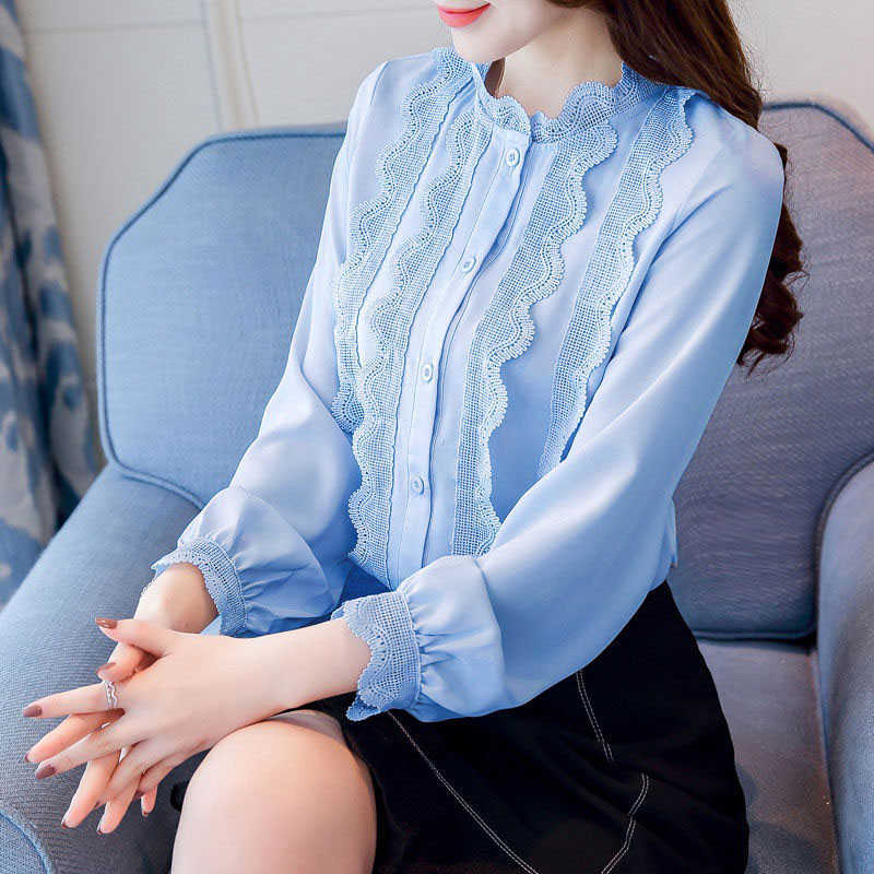 Lace blouse Autumn blusa feminina Women tops long sleeved Korean Office lady Chiffon shirt Ruffles clothing DF2376 210609, Blue
Lace blouse Autumn blusa feminina Women tops long sleeved Korean Office lady Chiffon shirt Ruffles clothing DF2376 210609, Blue