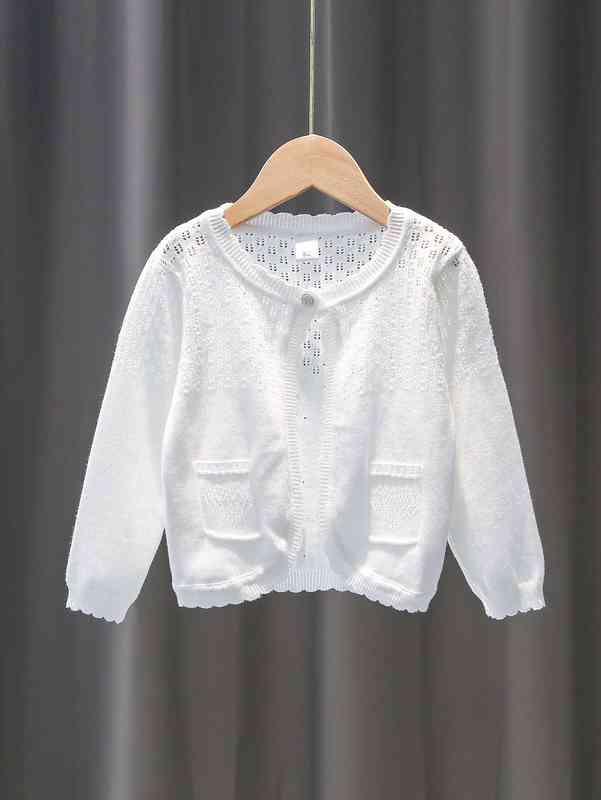 Baby Pointelle Knit Scallop Trim Asymmetrical Hem Cardigan SHE