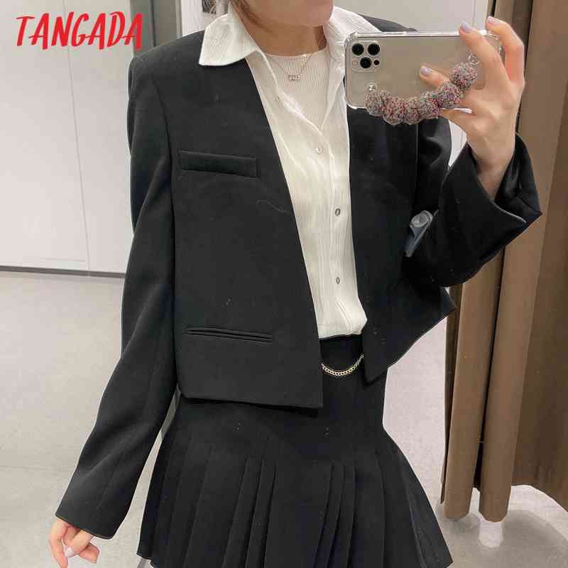 Women Black Crop Blazer Coat Vintage Fashion Female Casual Chic Tops JE89 210416