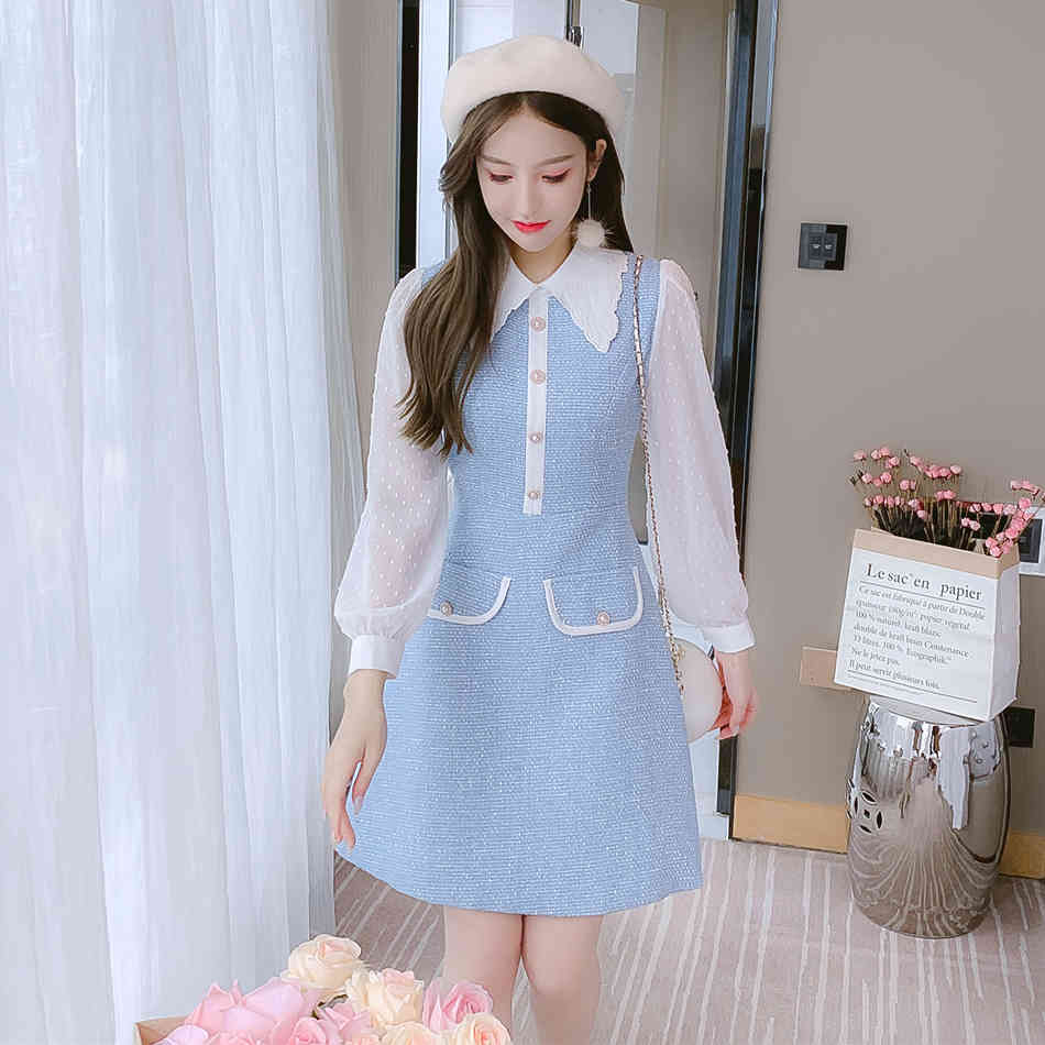 Women Autumn And Winter Blue Chiffon Patchwork Tweed Woolen Dresses Ladies Embroidery Turndown Collar Chic Vestidos 210520