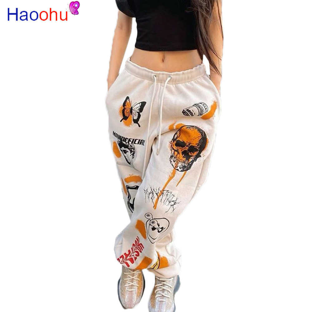 HAOOHU Streetwear Cartoon Skull Print Women Pants Autumn Elastic High Waist Pocket Trousers Urban Draped Jogger Pants Sweatpants 211006