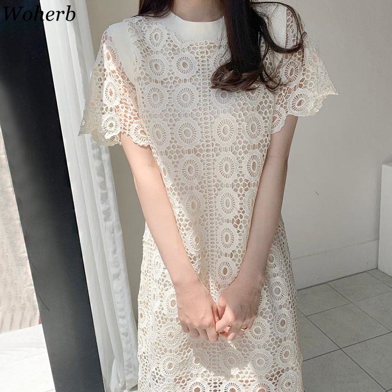 Women Lace Floral Crochet Dress Vestidos Summer Elegant Belt Robe Vintage Dresses Ladies Office Work Long Korean 210519