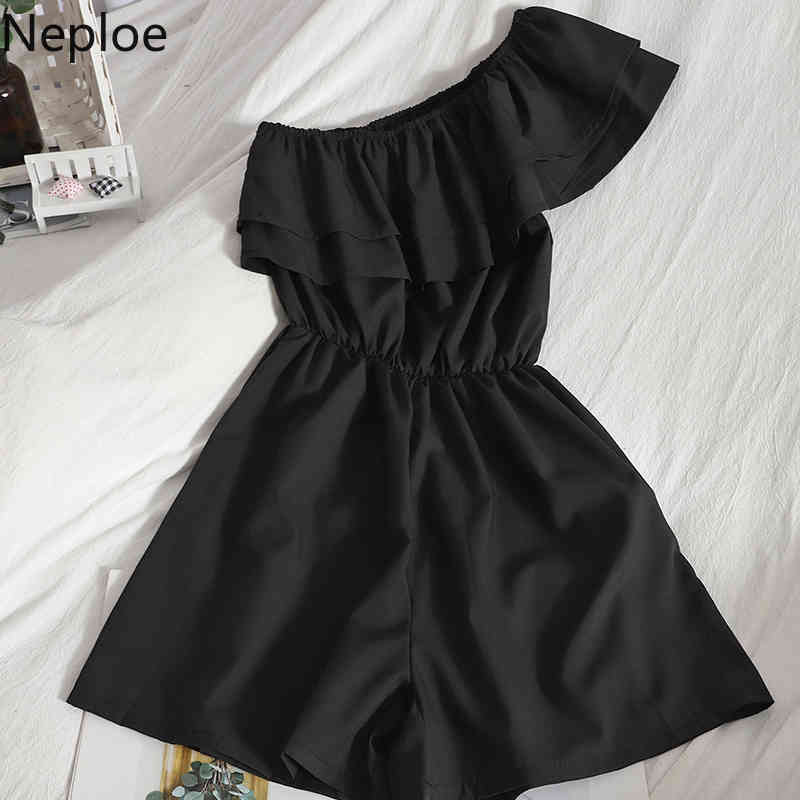 Neploe Jumpsuit Women Korean Off Shoulder High Waist Thin Ruffle Fashion Romper Summer All-match Wide-leg Shorts Bodysuit Female 210422