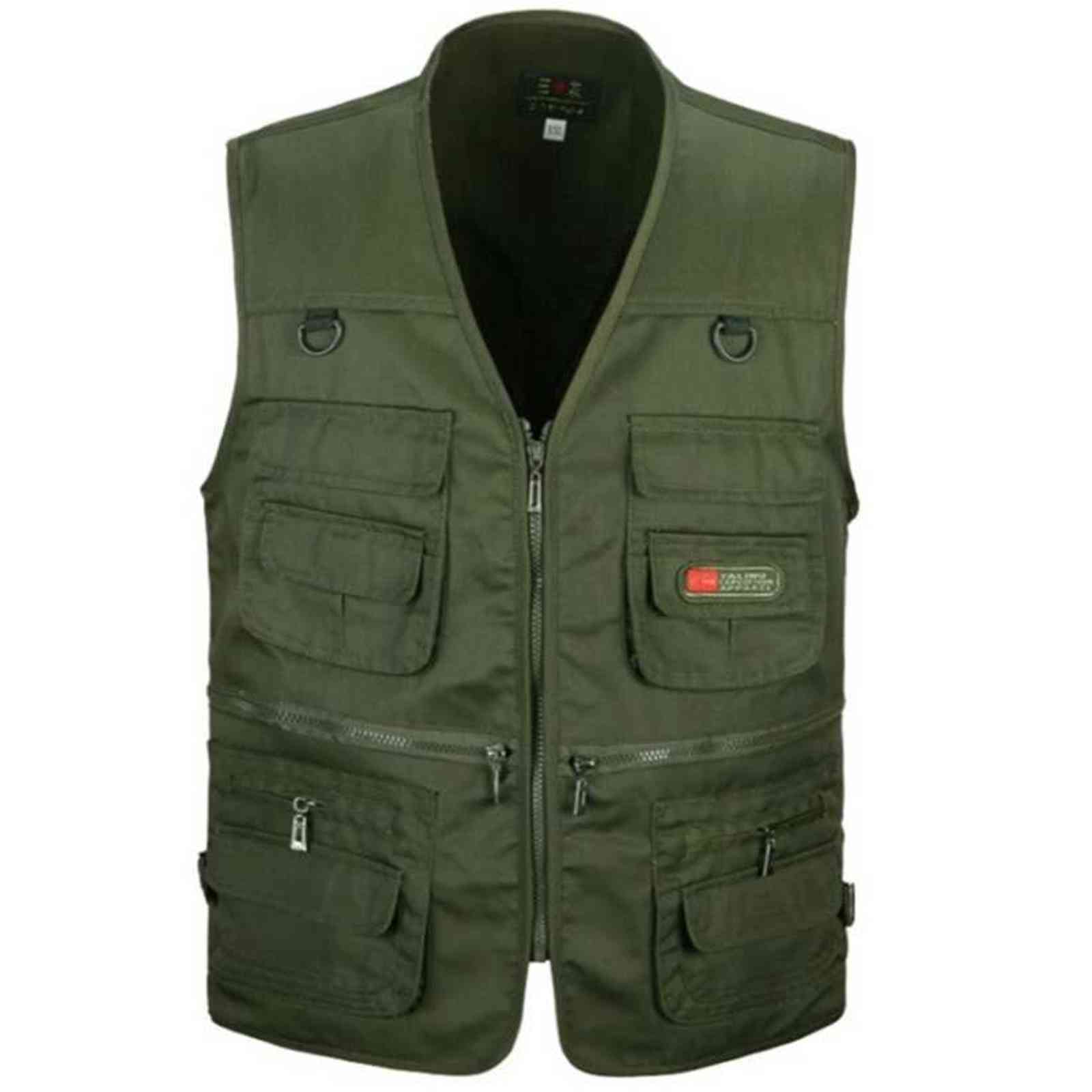 Men Vest Army Green and black color waistcoat Multi-pocket travel or work wear Durable plus size 211126
