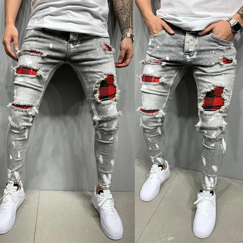 Mens Ripped Printed Patch Pants Mens Slim Jeans Personalized Patch Stretch Jeans, Blue
Mens Ripped Printed Patch Pants Mens Slim Jeans Personalized Patch Stretch Jeans, Blue
