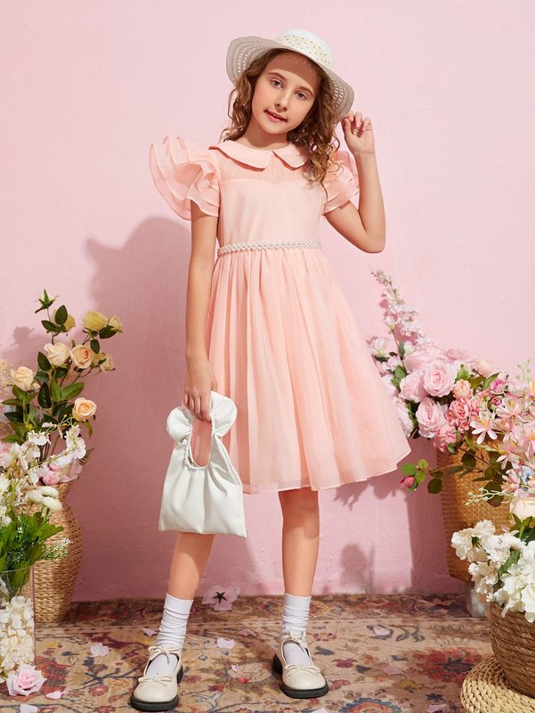 Girls Peterpan Collar Pearls Beaded Layered Sleeve Dress SHE