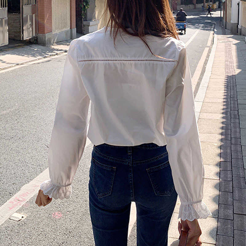 Spring Loose V-neck Women's Shirt Lace Pleated White Shirt Long Sleeve Ruffled Tops Female Cotton Blouse Women 13157 210527