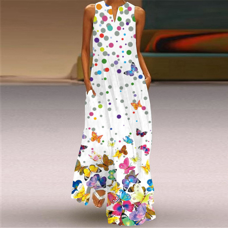 Women Summer Maxi Dress Casual Loose Sleeveless Long Elegant V Neck Pocket White Rose Print Boho Beach es Female 210522