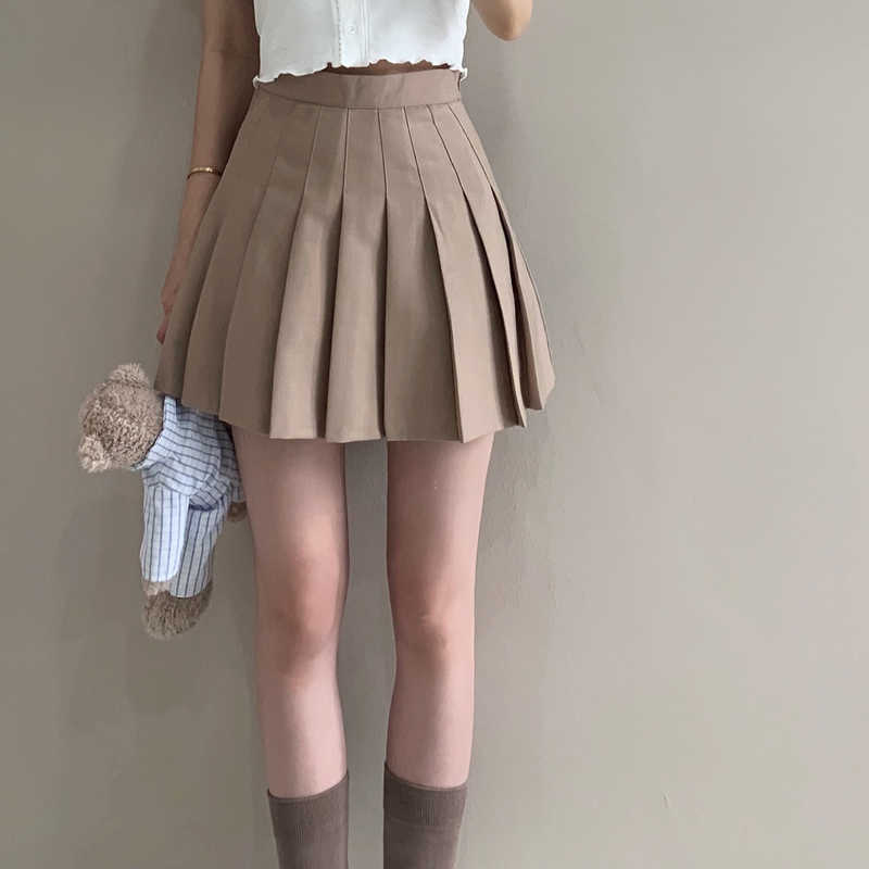 WOMENGAGA Fold Pleated A-LINE Korean Sexy Brown Mini Denim Skirt Skirt Harajuku Gothic Kawaii Japanese LP49 210603